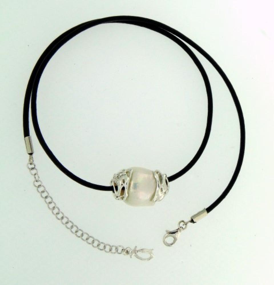 Collana cuoio con perla barocca e argento cod.0030